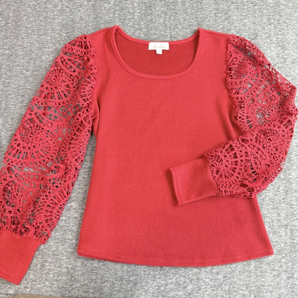 Anneliese Red Ribbed Knit Top Crochet Lace Balloon Sleeve Womens Large
